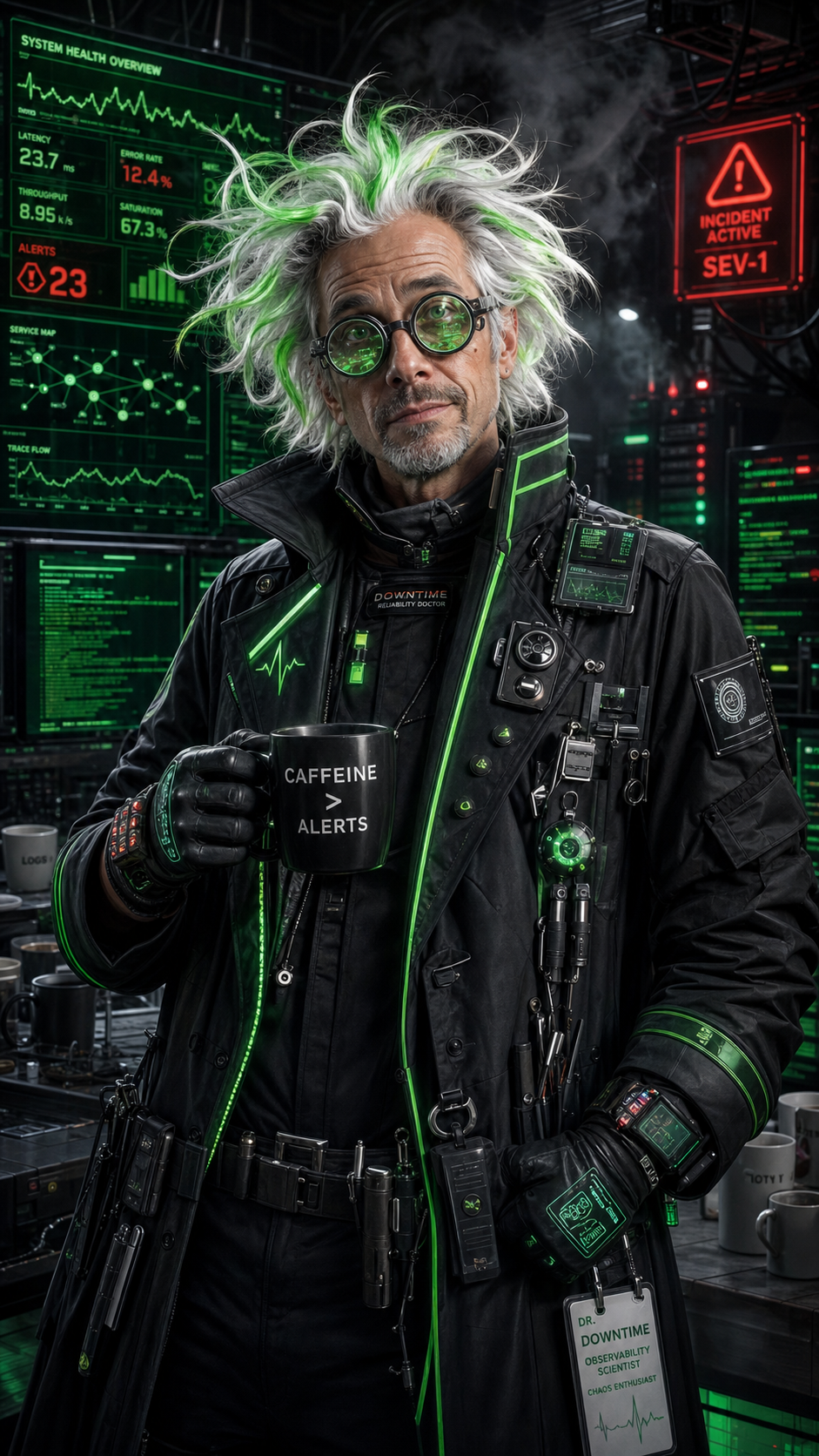 Docteur Outage dans un laboratoire d'observabilite cyberpunk, tasse CAFFEINE greater than ALERTS en main.